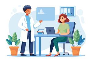 A doctor in a white coat stands beside a desk and discusses medical results with a patient who is sitting on a chair while using a laptop. vector