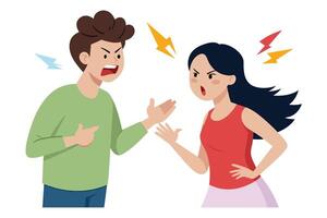 An illustration of a man and a woman arguing, both with open mouths and gesturing hands. Lightning bolts are drawn around them, symbolizing their anger. vector