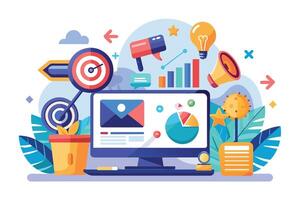 An illustration of a computer desktop with various digital marketing elements, including targets, charts, a megaphone, and a lightbulb. vector