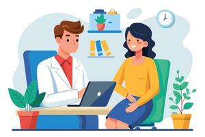 A doctor in a white coat sits at a desk, using a laptop to consult with a patient who sits across from him. vector