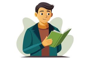 A cartoon illustration of a smiling man wearing a green jacket and holding a book in his hands. He is looking down at the book, as if reading. vector