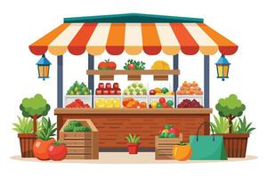 Illustration of a vibrant fruit stand with fresh produce like tomatoes, lemons, grapes, and more under a striped awning with lanterns. vector