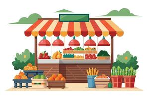 A cheerful illustration of a fruit and vegetable stand in a summer market, featuring colorful produce, a striped awning, and hanging light fixtures. vector