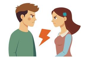 Illustration of a man and a woman angrily facing each other with a lightning bolt between them, symbolizing their argument. vector