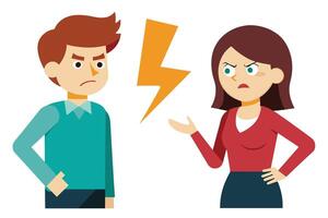 Cartoon of a man and woman in argument. Both standing with arms crossed, furrowed brows, lightning bolt symbolizing conflict. vector