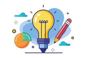 A colorful illustration of a lightbulb with a pencil and a pie chart, representing creativity and brainstorming. vector