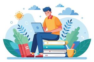 A man sits on a stack of books in an outdoor setting, using a laptop. He smiles as he works. The sun shines above him, and green plants are visible. vector