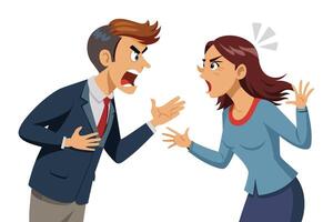 An animated illustration of a businessman and a woman in a business setting, both yelling loudly at each other, expressing anger. vector