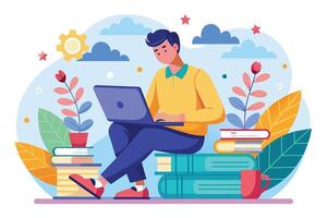 A man sits on a stack of books, working on a laptop. He is in a casual setting, surrounded by nature. vector