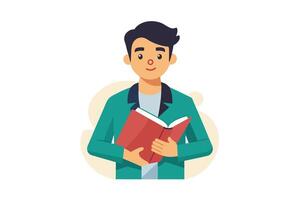 A cartoon illustration of a young man, with dark hair and a green jacket, smiling while holding an open red book. vector