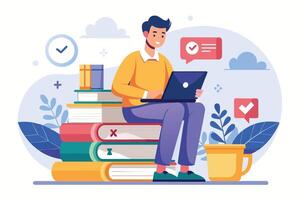 A man sits on a stack of books while working on a laptop. He looks happy and successful. This image represents the importance of education and learning in the digital age. vector