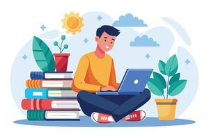 An illustration of a young man sitting on the floor and working on a laptop. He is surrounded by books, plants, and a sunny, airy atmosphere. vector