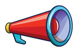 A cartoon-style illustration of a red megaphone with a blue trim, a yellow handle, and a white background. vector