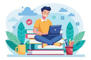 A smiling man sits on a stack of books while using his laptop. He is likely engaging in online learning or working remotely. vector