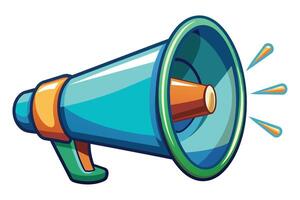This is a cartoon image of a blue megaphone with an orange handle. The megaphone is pointed to the right, with the sound waves coming out of the horn. vector