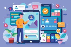 An illustration of a man presenting a mobile app user interface design. The app has a chart, icons, and other features. vector