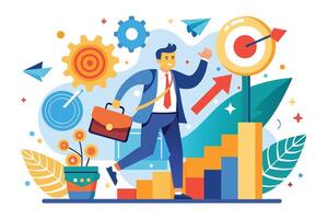 A man in a suit and tie with a briefcase running up stairs towards a target with an arrow in the background, symbolizing ambition and goals. vector