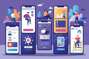 An illustration depicting various people interacting with different features of mobile applications. vector