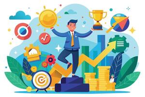 An illustration of a businessman standing on a podium with a trophy and a golden sun, representing success, growth, and achievement. vector