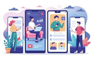 A colorful illustration depicting people using their smartphones for various tasks, such as communication, social media, and online shopping. vector