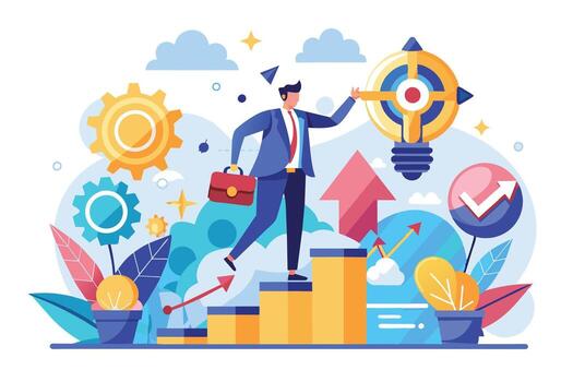 An illustration of a businessman climbing a staircase towards success, with a lightbulb symbolizing a new idea or strategy and a target inside to emphasize focus and achieving goals. vector