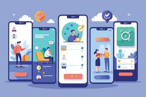 Illustration of five smartphone screens displaying different features of a mobile app. The screens feature checkmarks, icons, and illustrations of people interacting with the app. vector