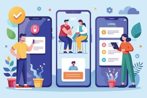 An illustration showcasing three different mobile app screens with people interacting with their phones. Each screen displays different features and functionality. vector