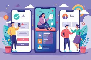 Three different mobile phone screens showcasing various app features, including online transactions, social media engagement, and user profiles. vector