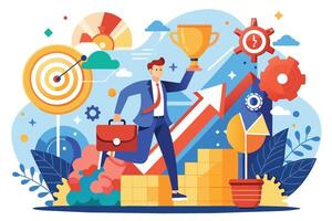 A businessman runs towards success, holding a trophy and a briefcase, as he climbs a staircase made of gold bars and follows a red arrow pointing upward. vector