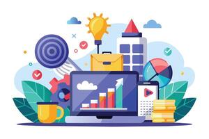 A colorful illustration depicting modern business success strategies and growth, with elements including a laptop, smartphone, target, briefcase, charts, and more. vector