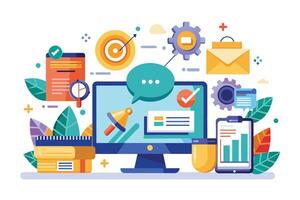 An illustration of a computer and tablet on a desk with various icons representing digital marketing strategies. vector