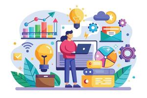 A woman is working on a laptop surrounded by business and technology icons like charts, graphs, gears, and light bulbs, in a dynamic work environment. vector
