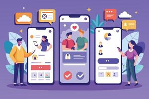 An illustration of three people interacting with mobile phone apps. The apps feature profiles, chat, and other features common to online dating services. vector