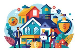 An illustration of three business professionals standing in front of a group of houses, discussing real estate investment and property insurance. vector
