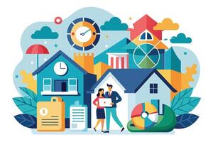 A couple stands in front of a row of colorful houses, discussing real estate investment options while holding a laptop and papers. vector