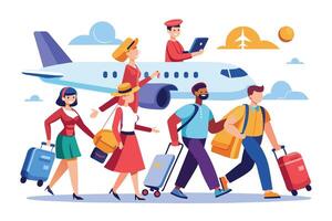 Image of six passengers smiling while boarding a plane with luggage. Three men and three women appear excited about their trip. vector