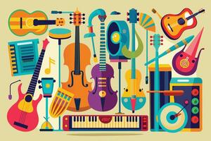 An illustration featuring a colorful arrangement of various musical instruments, including a guitar, violin, bass, keyboard, and drum. vector