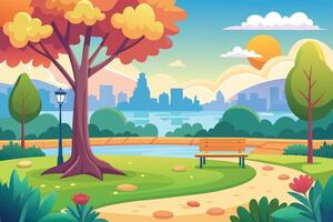 A cartoon illustration of a park scene featuring a wooden bench, a tree, a path, and a cityscape skyline in the distance. vector
