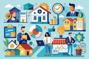 An illustration depicting business professionals working on a real estate development project. The image features various icons and symbols related to real estate, finance, and business. vector
