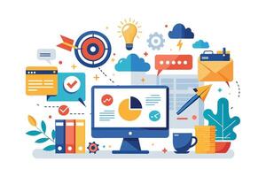 A digital illustration of a modern desktop with various icons related to data analysis, marketing, and communication. vector