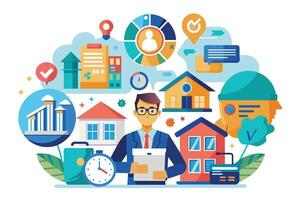 A cartoon businessman wearing glasses holds a clipboard and stands in front of a colorful background of icons related to real estate and investment. vector