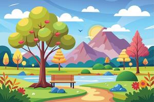 An illustrated scene depicting a serene park with a bench under a large tree next to a river. A mountain range is in the background. vector