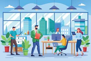 Five people collaborate in a modern office with city views. The dynamic work environment highlights their diverse tasks. vector