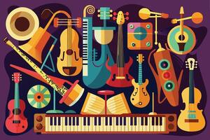 A colorful illustration featuring a variety of musical instruments, including guitars, a violin, a keyboard, a saxophone, a drum, and more. vector