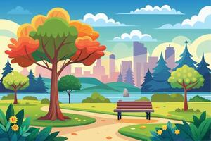 A park with a wooden bench sits in front of a city skyline. The bench is near a tree with colorful fall leaves and a winding path. vector