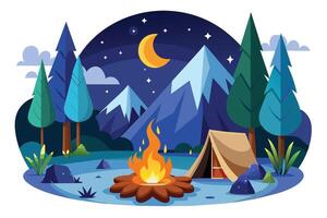 A cozy campsite with a roaring campfire under a starry night sky with a crescent moon. Tall trees and snow-capped mountains provide a scenic backdrop. vector