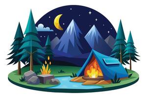 A digital illustration depicting a serene night camping scene with a tent, a campfire, a crescent moon, stars, mountains, trees, and a flowing stream. vector