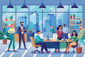 An illustration of a modern office with workers collaborating and working on computers. The office has a large window with a view of a cityscape. vector