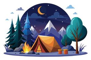 An illustrated scene of a peaceful campsite at night, featuring a tent, a crackling fire, and a crescent moon shining brightly above the mountains. vector