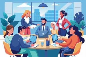 A diverse team of six individuals participates in a meeting in a modern office. They are all seated around a table with laptops, suggesting a professional work environment. vector
